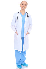 Smiling young nurse portrait isolated over white background. 