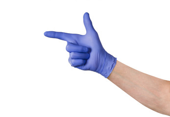 Male hand in blue cleaning latex glove isolated on white background. Closeup photograph with copy space. Backdrop for advertising, packaging or concept.