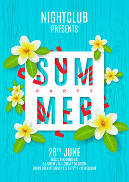 Poster for summer party with flowers. Vector illustration. Beautiful background with plumeria flowers on wooden texture. Invitation to nightclub.