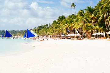 Landscape of paradise tropical island with palms and white sand beach. tourist spot in Asia Philippines
