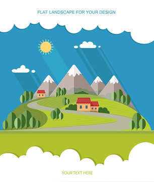 Beautiful rural landscape with houses and mountain views. The village road to the garden, field. Spring Summer Autumn. Flat design style vector illustration.
