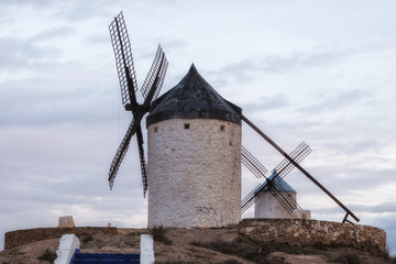 Traditional white windmills in Consuegra, Toledo, Spain.