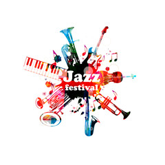 Obraz premium Music poster for jazz festival with music instruments. Colorful euphonium, piano keyboard, double bell euphonium, saxophone, trumpet, violoncello and guitar with music notes isolated vector design