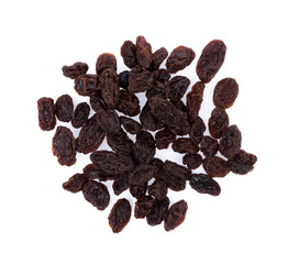 Dried raisins on a white background. top view