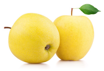 Group of ripe yellow apple fruits with green apple leaf isolated on white background