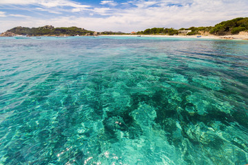 crystal turquoise water in archipelago La Maddalena, Sardinia Italy, transparency concept
