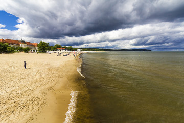 stormy clouds over beach, Sopot, Poland, wide angle, weather change