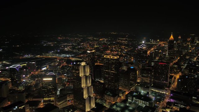 Atlanta Aerial v253 Flying over downtown panning with full cityscape views at night 3/17