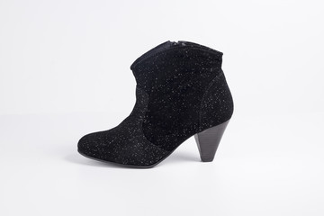 Female Black Boot on White Background, Isolated Product, Top View, Studio.