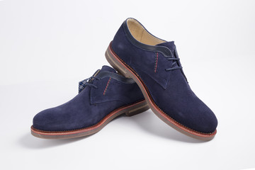 Male Blue Shoe on White Background, Isolated Product, Top View, Studio.