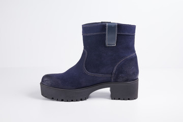 Female Blue Boot on White Background, Isolated Product, Top View, Studio.