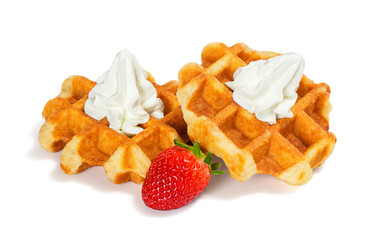 Belgian Liege Waffles with Whipped Cream and Strawberry on White Background