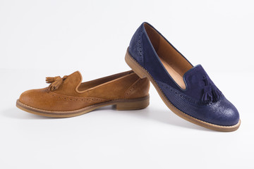 Female Blue and Brown Shoe on White Background, Isolated Product, Top View, Studio.