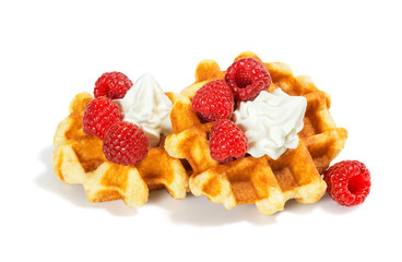Liege Style Belgian Waffles with Raspberries and Whipped Cream on White Background