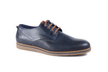 Male Blue Shoe on Black Background, Isolated Product, Top View, Studio.