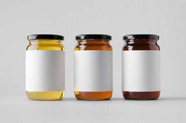 Honey Jar Mock-Up - Three Jars. Blank Label - obrazy, fototapety, plakaty