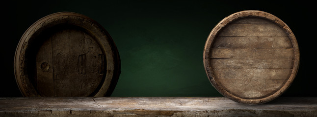 background of barrel and worn old table of wood