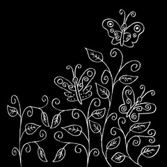 Floral greeting card. Doodle flower and butterfly e