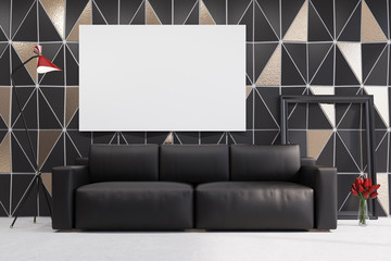 Black sofa in a triangle pattern room