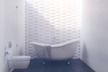 Fototapeta na wymiar White brick bathroom with a toilet toned
