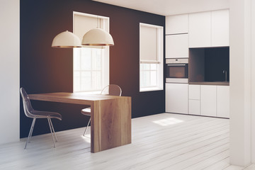 White and black kitchen close up toned