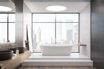 White tub, white room, window, front