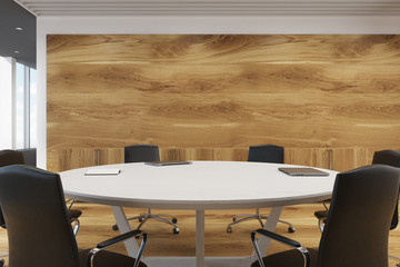 White round conference room table close up