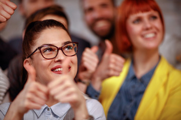 businesswoman team giving thumb up sign of success business teamwork.