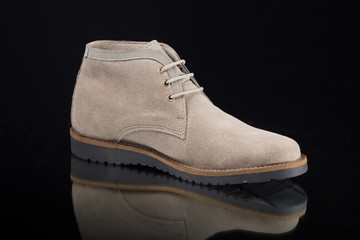 Male Brown Boot on Black Background, Isolated Product, Top View, Studio.