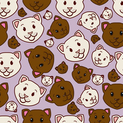Seamless pattern with cute cats isolated on lavender background. Vector illustration. Background, textile and fabric use for children.