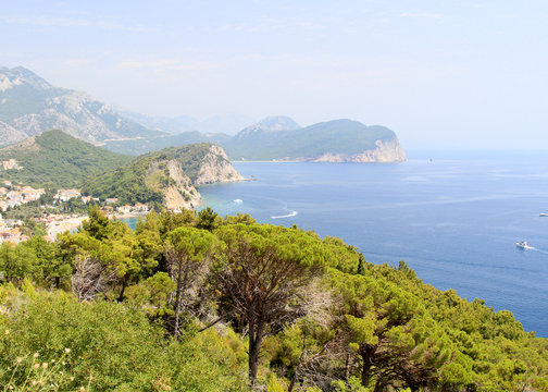 Beautiful sea landscape with rocks, trees. Montenegro, Ulcin