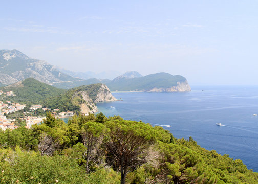 Beautiful sea landscape with rocks, trees. Montenegro, Ulcin