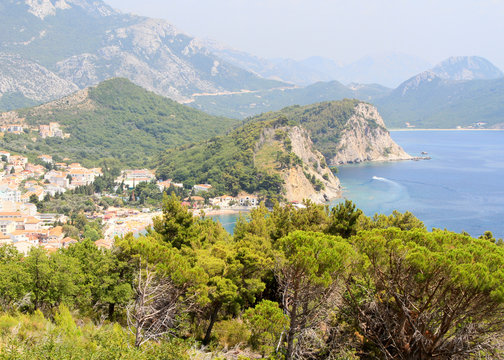 Beautiful sea landscape with rocks, trees. Montenegro, Ulcin