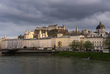 Fototapeta na wymiar View of Fortress Hohensalzburg. and Salzach river in Salzburg