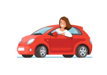 Garden poster Cartoon cars Vector flat illustration of a happy young woman driver sitting rides in his red car. Design concept of buy a new car