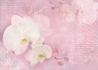 Fototapeta na wymiar Card with orchid flowers on a light pink background. Template of an invitation, wedding, birthday, anniversary or similar event, cover page, flyer, poster, banner, business card design with orchids