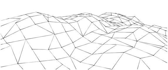 Low-poly geometric 3D mountain landscape. Abstract background. Wire outline lines.