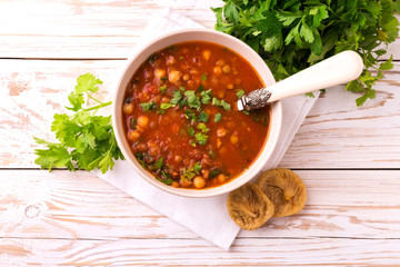 Soup Harira with figs. Ramadan food. Traditional Jewish cuisine