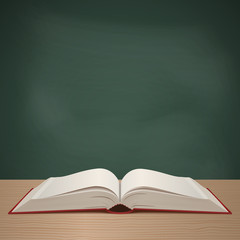 Open book on the background of a chalkboard. Back to school. Education and reading concept. Vector illustration