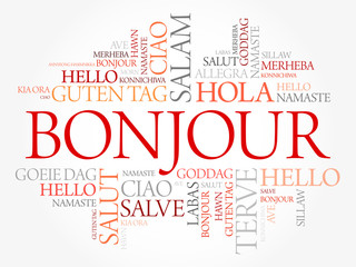Bonjour (Hello Greeting in French) word cloud in different languages of the world, background concept