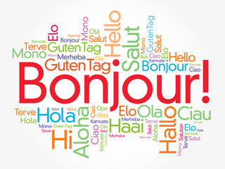Bonjour (Hello Greeting in French) word cloud in different languages of the world, background concept