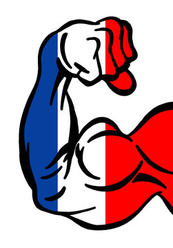Muscular biceps painted with colors of French flag as metaphor - strong and powerful France with big strength and power. Dominant potency and dominance of nation and state