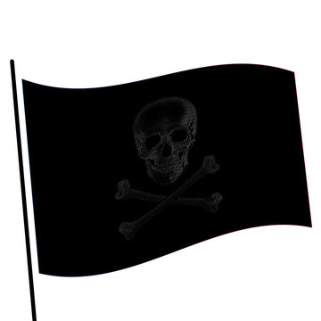 Isolated black color flag with grey image of skull, crossbones vector illustration