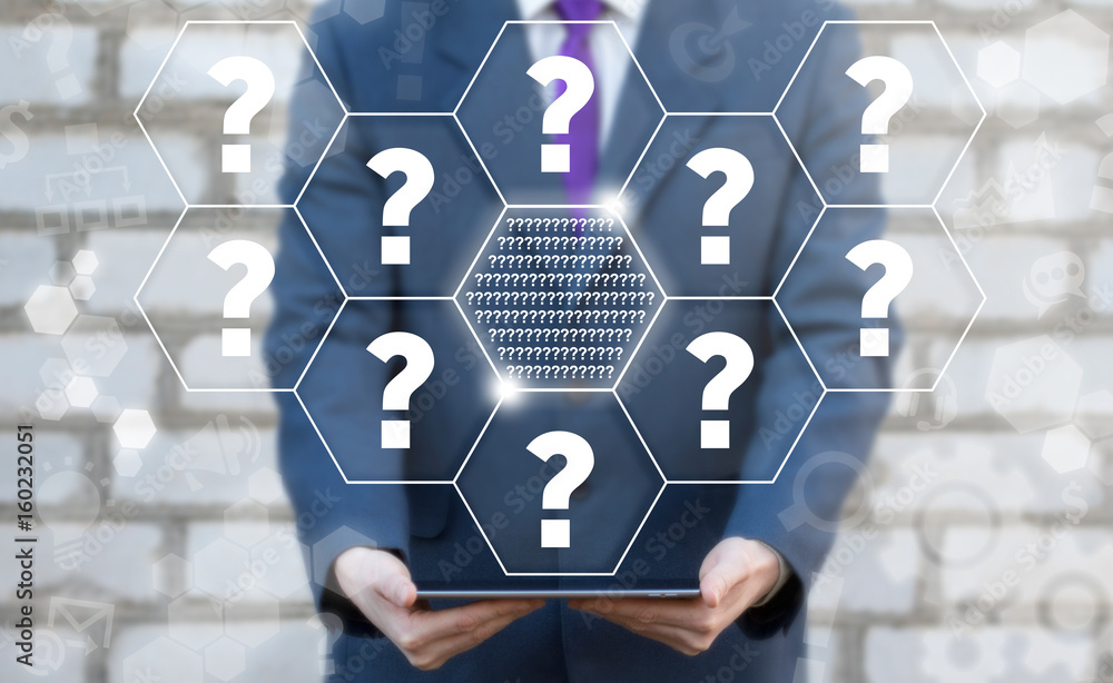 Poster businessman offers tablet computer with questions icon on virtual screen. faq support service questi