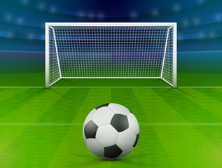 Naklejka premium Soccer ball on green field in front of goal post. Association football ball against soccer stadium. Best vector illustration for soccer, sport game, football, championship, gameplay, etc