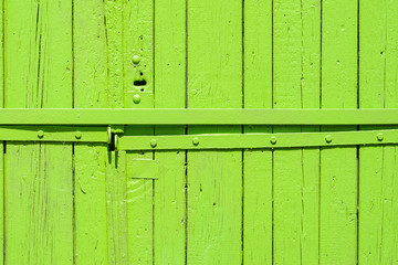 Old painted wooden garage door of green color