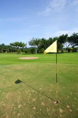Obraz premium Yellow flag marker on gold course