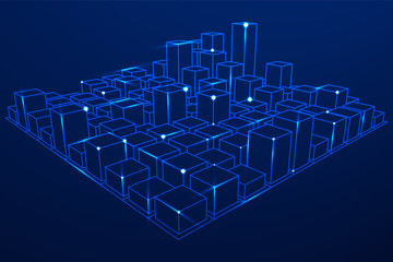 Mesh low poly wireframe cubes array like skyscraper city. Connected lines. Connection Box Structure. Digital Data Visualization Concept. Vector Illustration.