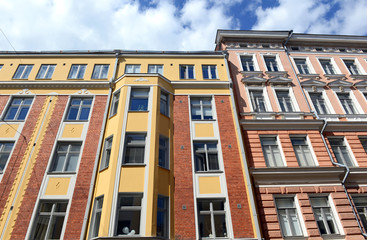 Facades of Colorful buildings typically found in Scandinavian architecture, Helsinki Finland