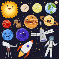 Astronaut space landing planets spaceship solar system future exploration space ship cosmonaut rocket shuttle vector illustration